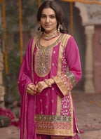 Vegaa Fashion Pink Chinon Silk Embroidered Sharara Suit | Grocsy