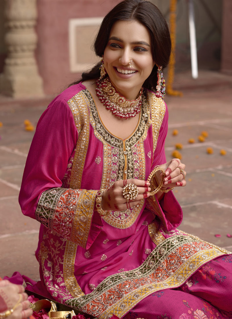 Vegaa Fashion Pink Chinon Silk Embroidered Sharara Suit | Grocsy