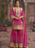 Vegaa Fashion Pink Chinon Silk Embroidered Sharara Suit | Grocsy