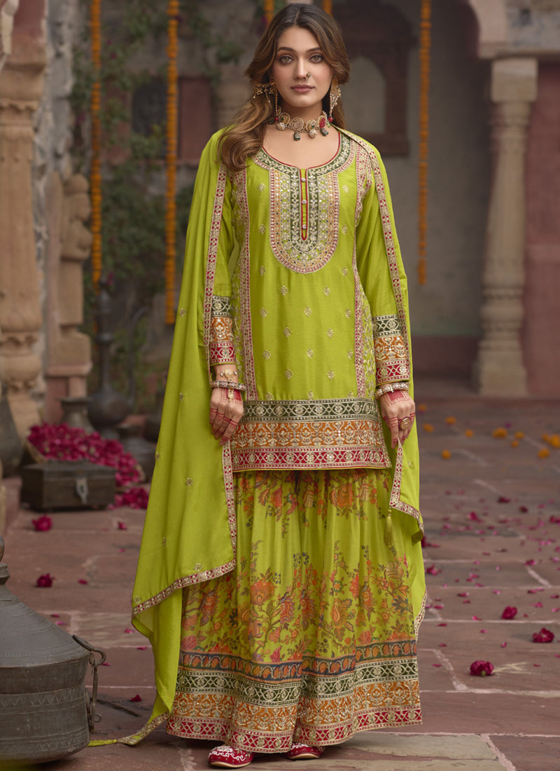 Vegaa Fashion Mehendi Chinon Silk Embroidered Sharara Suit | Grocsy