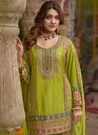 Vegaa Fashion Mehendi Chinon Silk Embroidered Sharara Suit | Grocsy