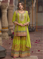 Vegaa Fashion Mehendi Chinon Silk Embroidered Sharara Suit | Grocsy