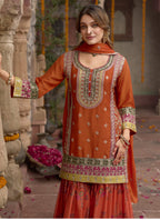 Vegaa Fashion Orange Chinon Silk Embroidered Sharara Suit | Grocsy
