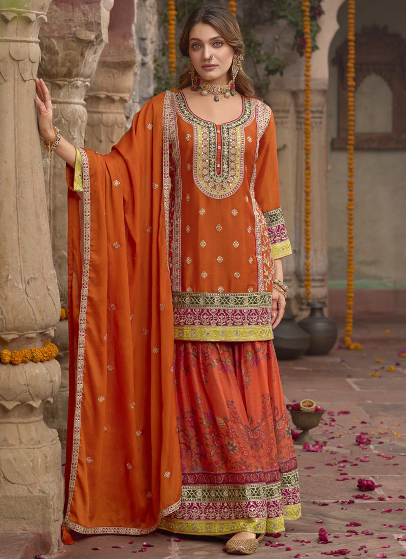 Vegaa Fashion Orange Chinon Silk Embroidered Sharara Suit | Grocsy
