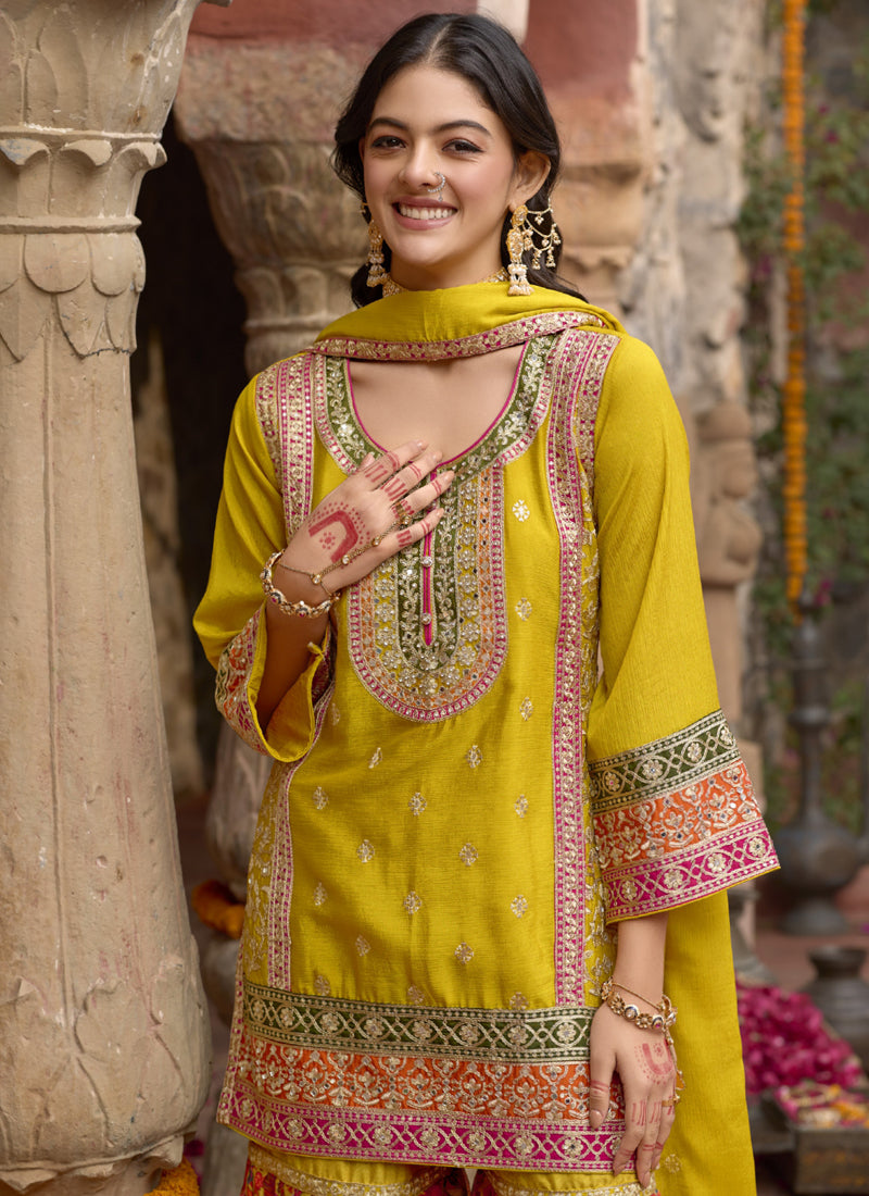 Vegaa Fashion Yellow Chinon Silk Embroidered Sharara Suit | Grocsy