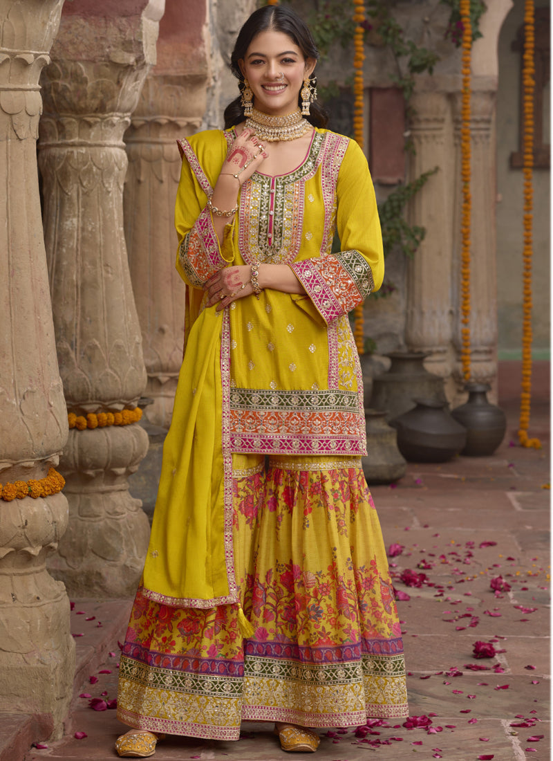 Vegaa Fashion Yellow Chinon Silk Embroidered Sharara Suit | Grocsy