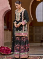 Vegaa Fashion Black Chinon Silk Embroidered Sharara Suit | Grocsy