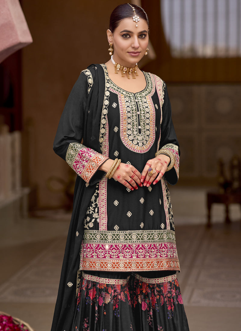 Vegaa Fashion Black Chinon Silk Embroidered Sharara Suit | Grocsy