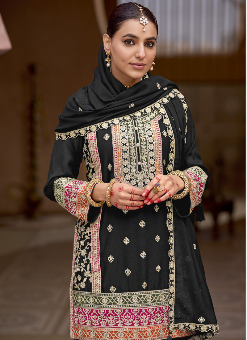 Vegaa Fashion Black Chinon Silk Embroidered Sharara Suit | Grocsy