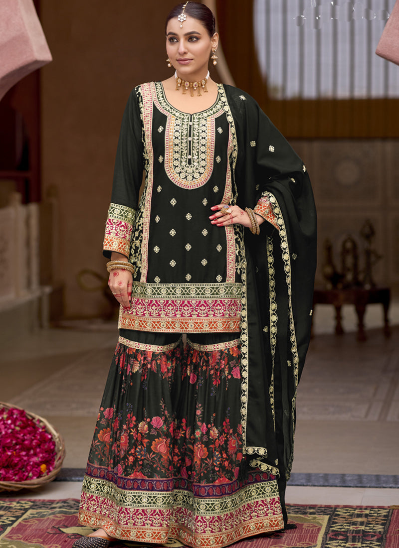 Vegaa Fashion Black Chinon Silk Embroidered Sharara Suit | Grocsy