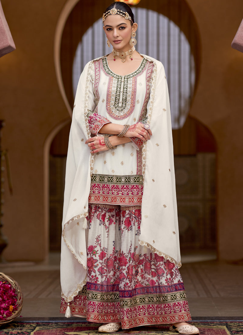 Vegaa Fashion White Chinon Silk Embroidered Sharara Suit | Grocsy
