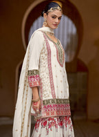 Vegaa Fashion White Chinon Silk Embroidered Sharara Suit | Grocsy