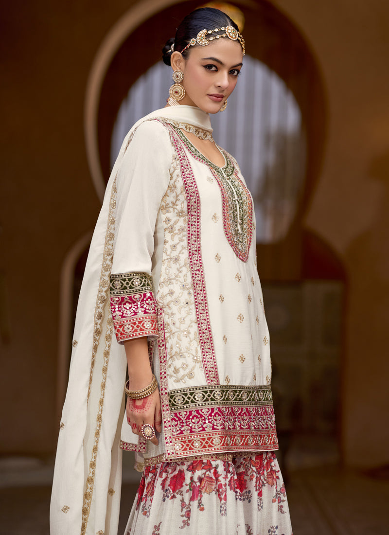 Vegaa Fashion White Chinon Silk Embroidered Sharara Suit | Grocsy