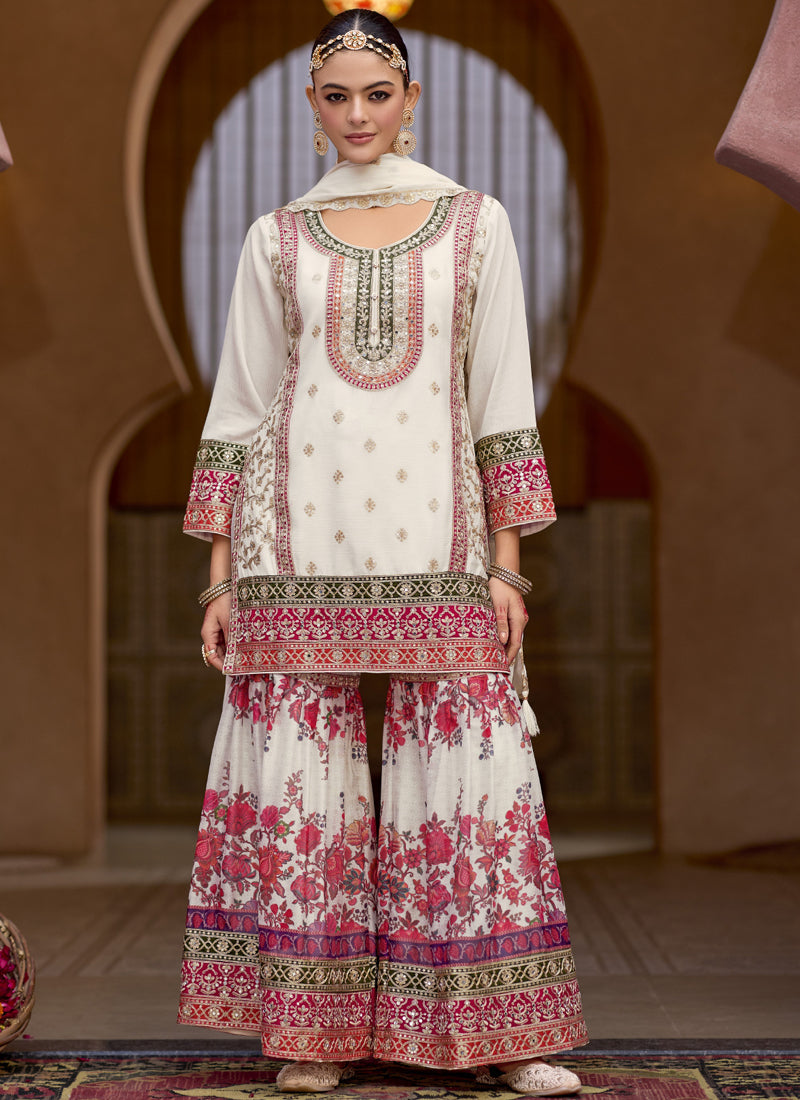 Vegaa Fashion White Chinon Silk Embroidered Sharara Suit | Grocsy