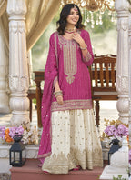Vegaa Fashion Rani Pink Chinon Silk Embroidered With Digital Print Palazzo Suit | Grocsy