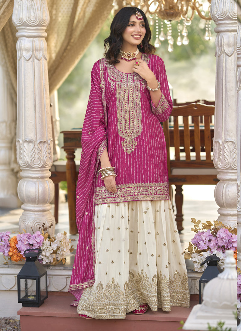 Vegaa Fashion Rani Pink Chinon Silk Embroidered With Digital Print Palazzo Suit | Grocsy