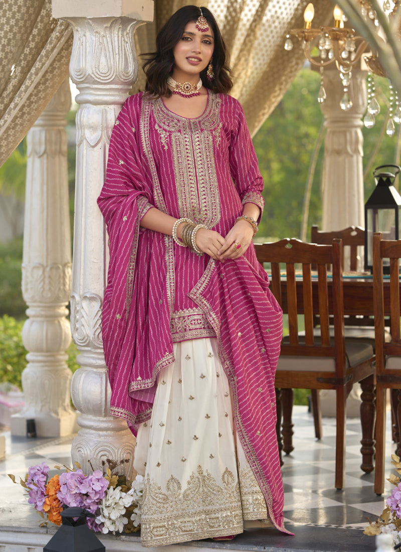 Vegaa Fashion Rani Pink Chinon Silk Embroidered With Digital Print Palazzo Suit | Grocsy