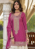 Vegaa Fashion Rani Pink Chinon Silk Embroidered With Digital Print Palazzo Suit | Grocsy