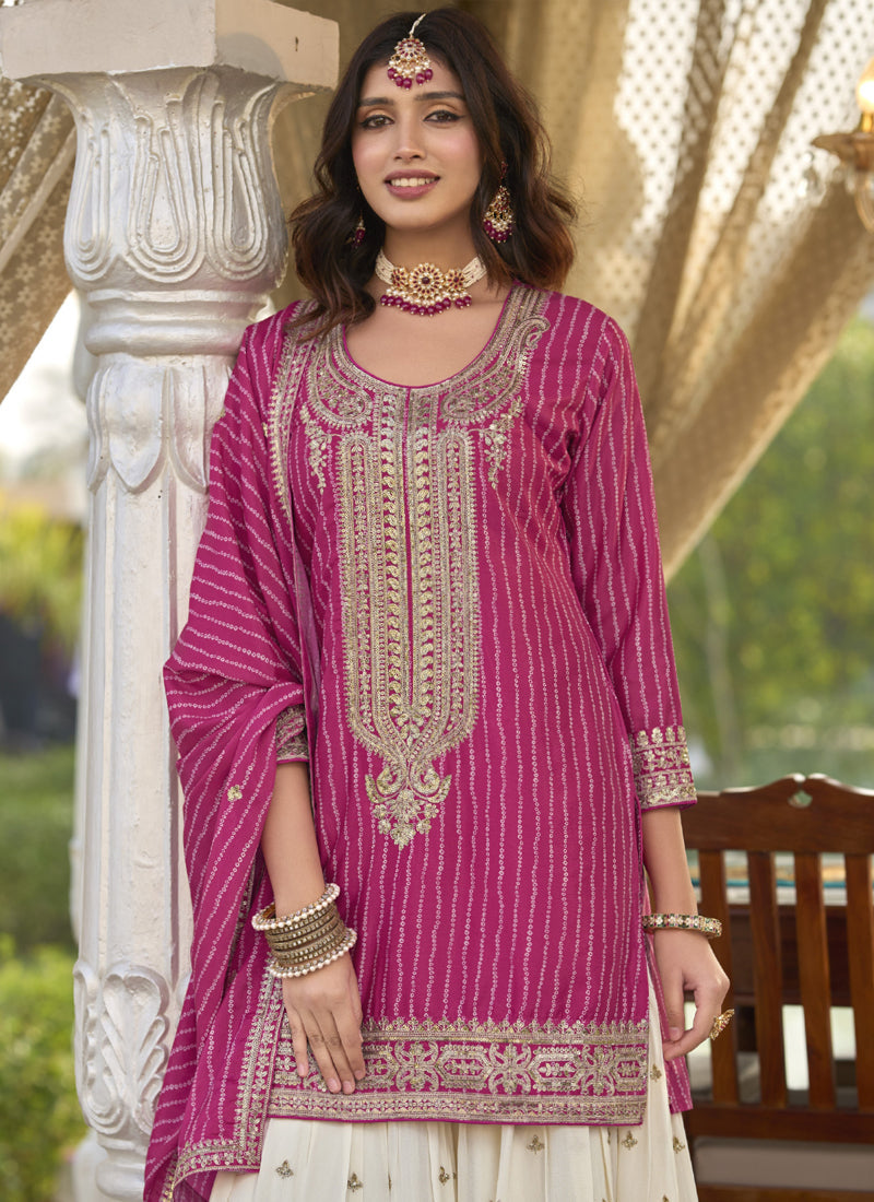 Vegaa Fashion Rani Pink Chinon Silk Embroidered With Digital Print Palazzo Suit | Grocsy