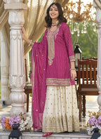 Vegaa Fashion Rani Pink Chinon Silk Embroidered With Digital Print Palazzo Suit | Grocsy