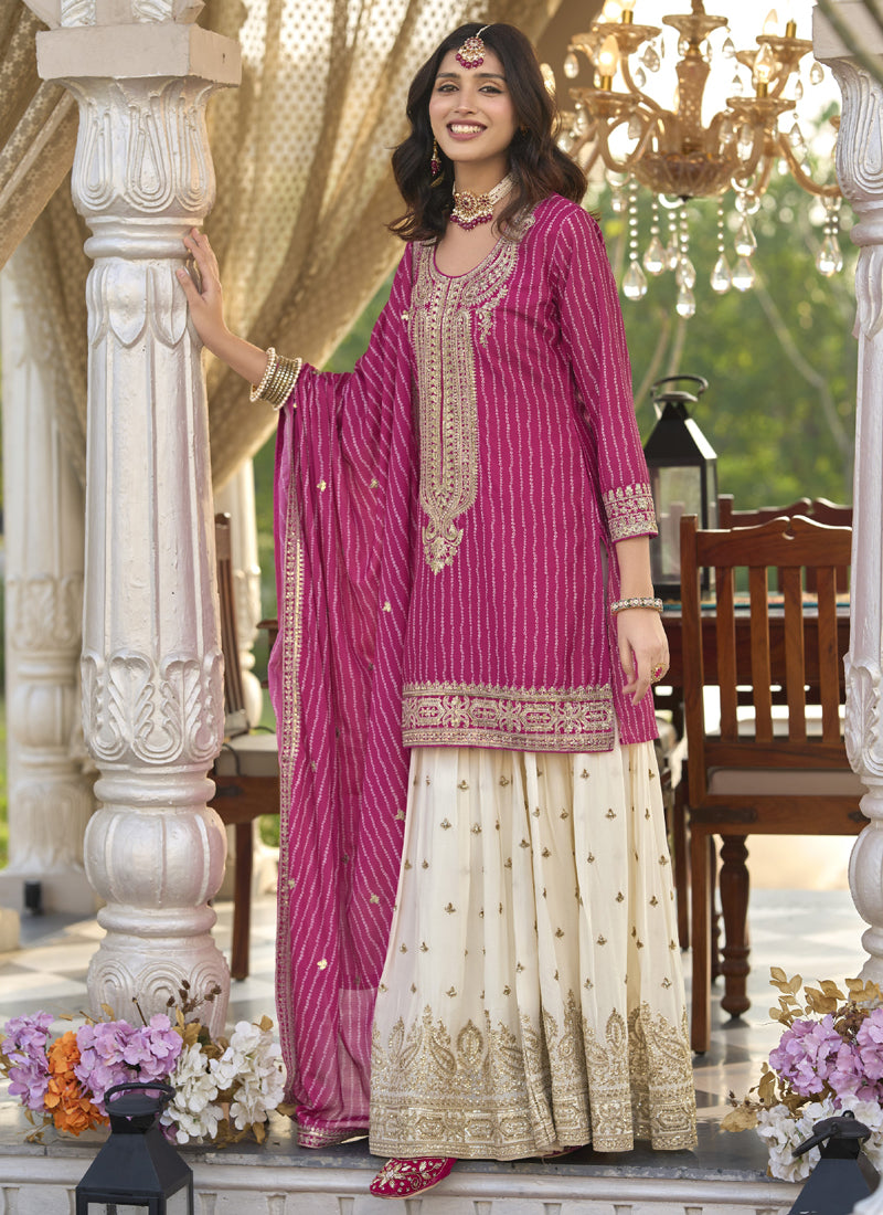 Vegaa Fashion Rani Pink Chinon Silk Embroidered With Digital Print Palazzo Suit | Grocsy
