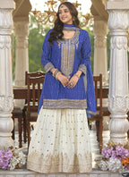 Vegaa Fashion Blue Chinon Silk Embroidered With Digital Print Palazzo Suit | Grocsy