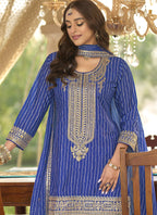 Vegaa Fashion Blue Chinon Silk Embroidered With Digital Print Palazzo Suit | Grocsy