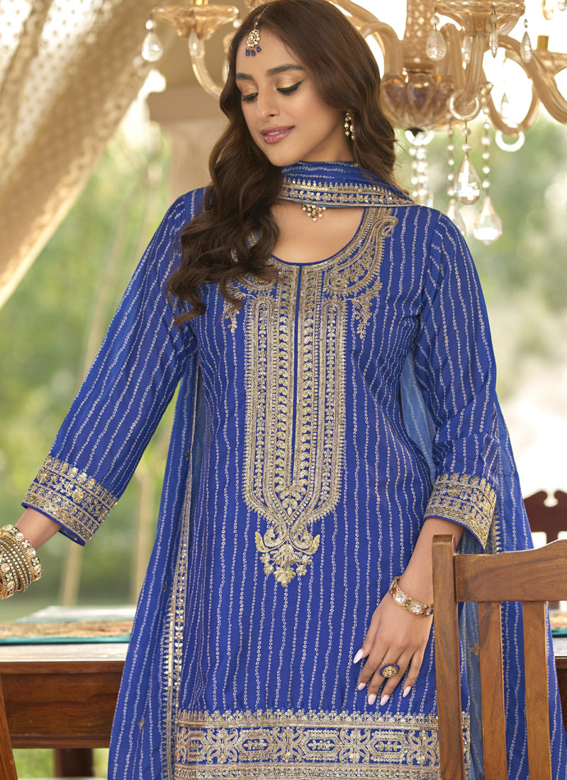 Vegaa Fashion Blue Chinon Silk Embroidered With Digital Print Palazzo Suit | Grocsy