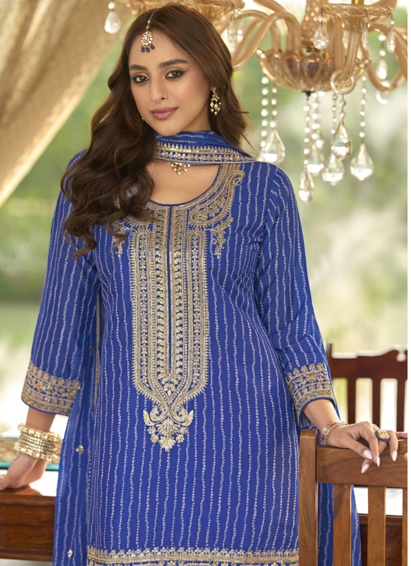 Vegaa Fashion Blue Chinon Silk Embroidered With Digital Print Palazzo Suit | Grocsy