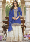 Vegaa Fashion Blue Chinon Silk Embroidered With Digital Print Palazzo Suit | Grocsy