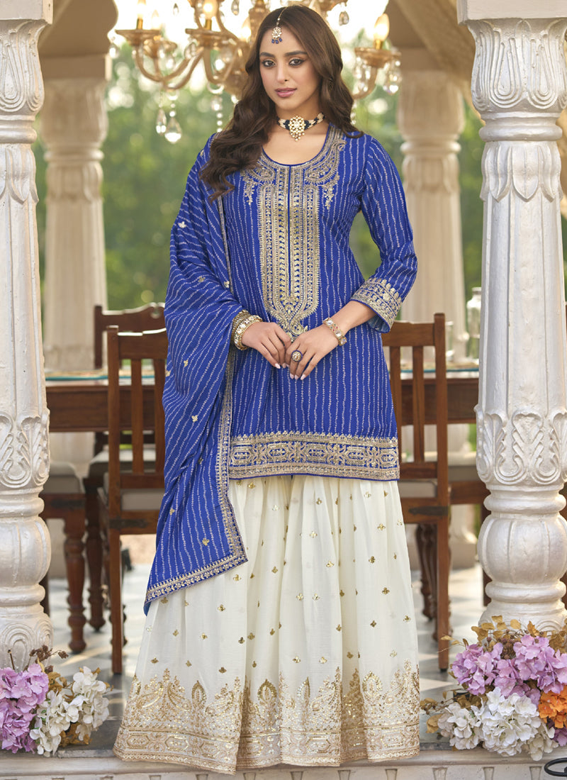 Vegaa Fashion Blue Chinon Silk Embroidered With Digital Print Palazzo Suit | Grocsy