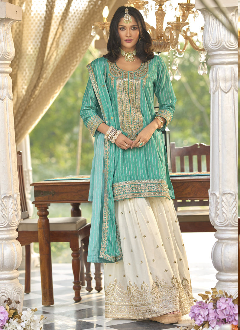 Vegaa Fashion Turquoise Chinon Silk Embroidered With Digital Print Palazzo Suit | Grocsy