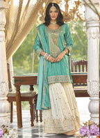 Vegaa Fashion Turquoise Chinon Silk Embroidered With Digital Print Palazzo Suit | Grocsy