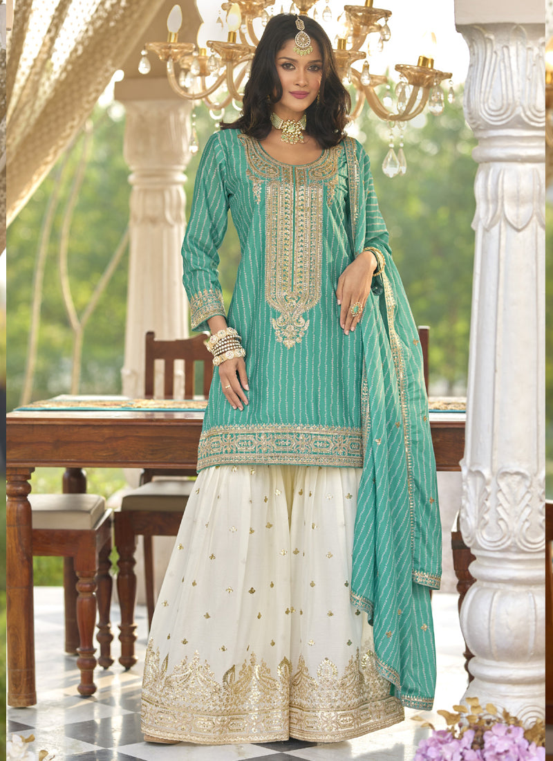 Vegaa Fashion Turquoise Chinon Silk Embroidered With Digital Print Palazzo Suit | Grocsy