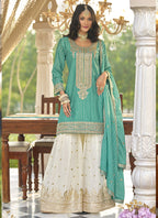 Vegaa Fashion Turquoise Chinon Silk Embroidered With Digital Print Palazzo Suit | Grocsy