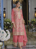 Vegaa Fashion Peach Chinon Silk Embroidered Designer Palazzo Suit | Grocsy