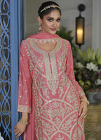 Vegaa Fashion Peach Chinon Silk Embroidered Designer Palazzo Suit | Grocsy