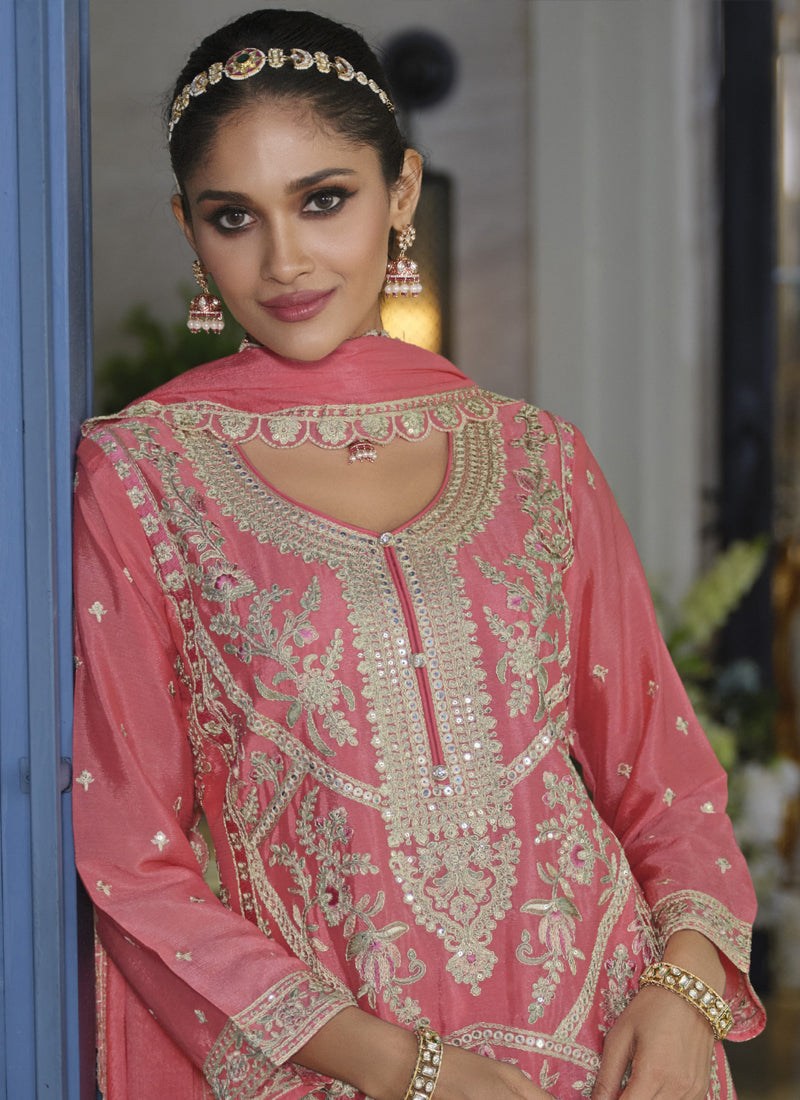 Vegaa Fashion Peach Chinon Silk Embroidered Designer Palazzo Suit | Grocsy