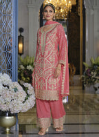 Vegaa Fashion Peach Chinon Silk Embroidered Designer Palazzo Suit | Grocsy