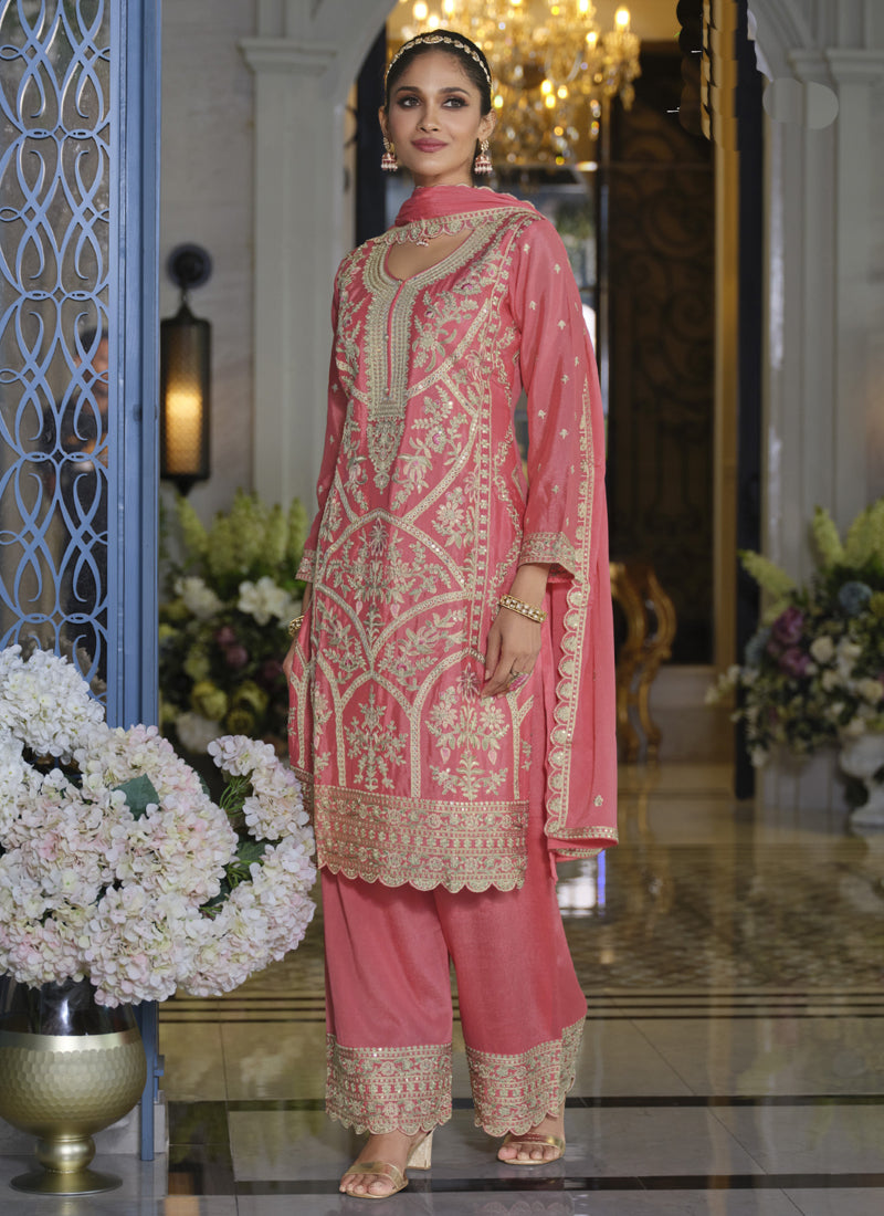 Vegaa Fashion Peach Chinon Silk Embroidered Designer Palazzo Suit | Grocsy