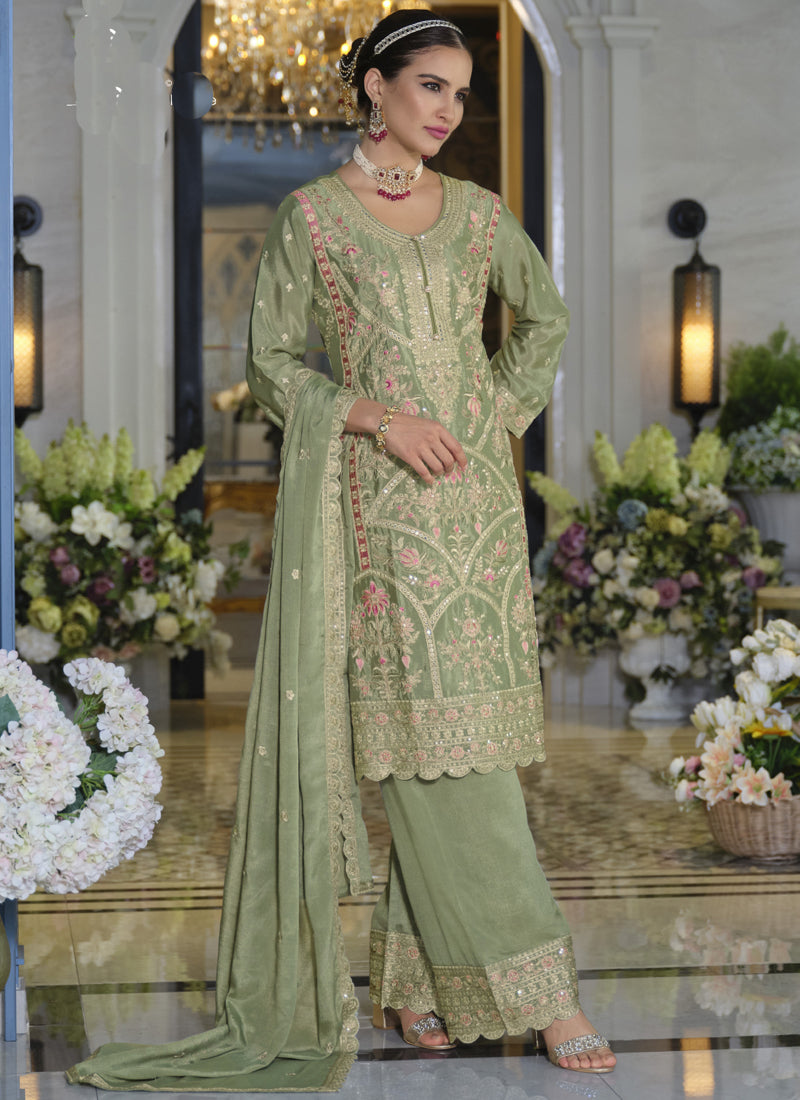 Vegaa Fashion Parrot Green Chinon Silk Embroidered Designer Palazzo Suit | Grocsy