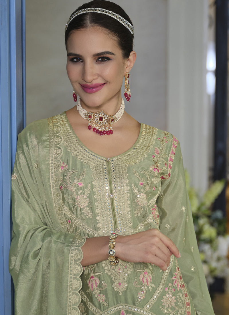 Vegaa Fashion Parrot Green Chinon Silk Embroidered Designer Palazzo Suit | Grocsy