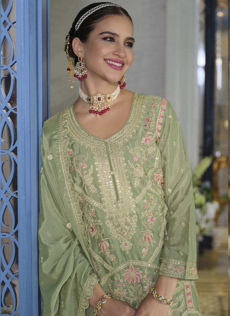 Vegaa Fashion Parrot Green Chinon Silk Embroidered Designer Palazzo Suit | Grocsy