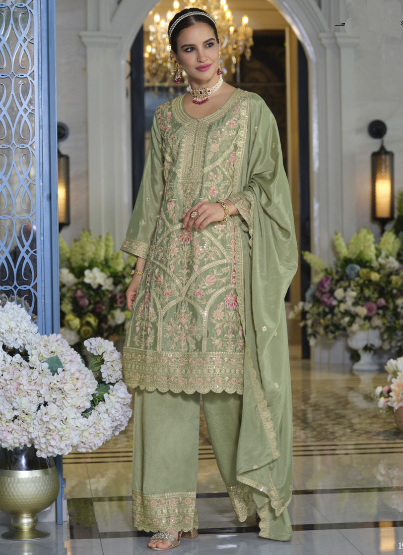 Vegaa Fashion Parrot Green Chinon Silk Embroidered Designer Palazzo Suit | Grocsy