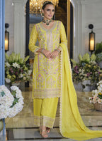 Vegaa Fashion Yellow Chinon Silk Embroidered Designer Palazzo Suit | Grocsy