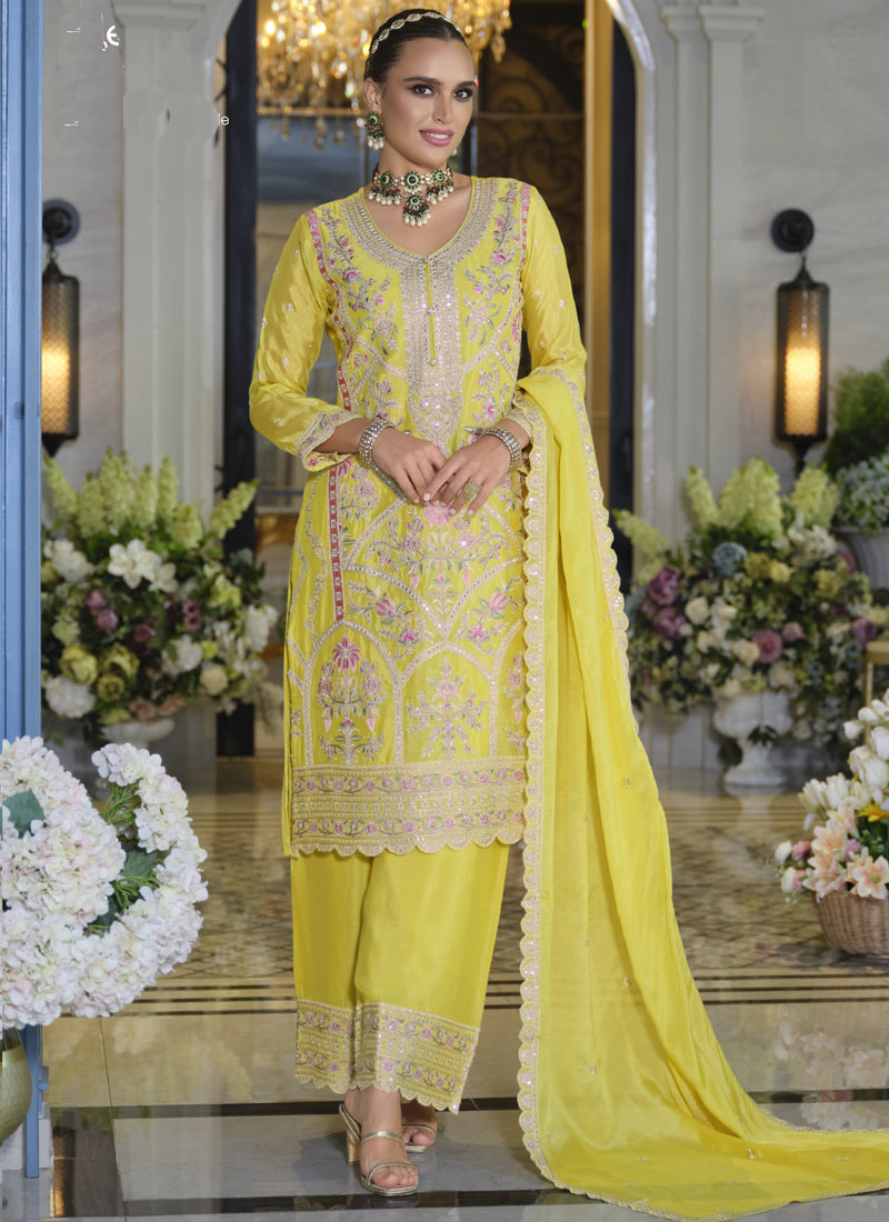 Vegaa Fashion Yellow Chinon Silk Embroidered Designer Palazzo Suit | Grocsy