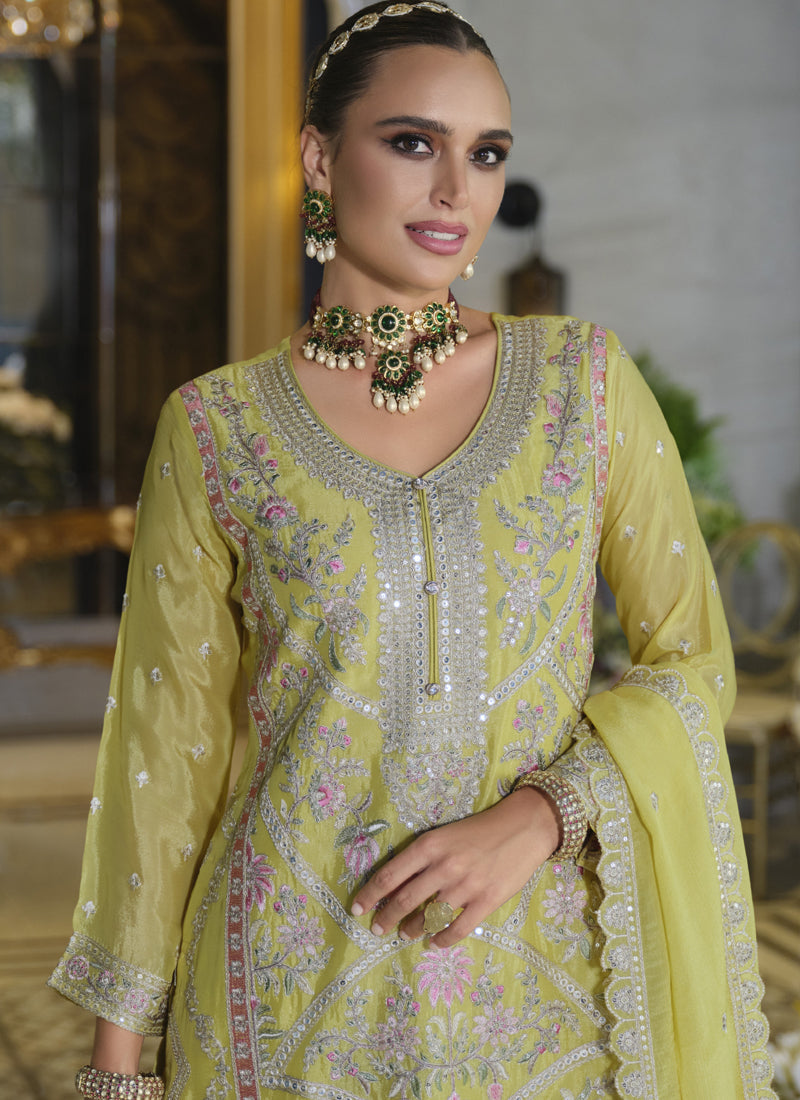 Vegaa Fashion Yellow Chinon Silk Embroidered Designer Palazzo Suit | Grocsy