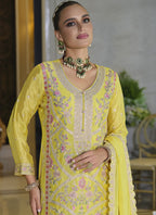 Vegaa Fashion Yellow Chinon Silk Embroidered Designer Palazzo Suit | Grocsy