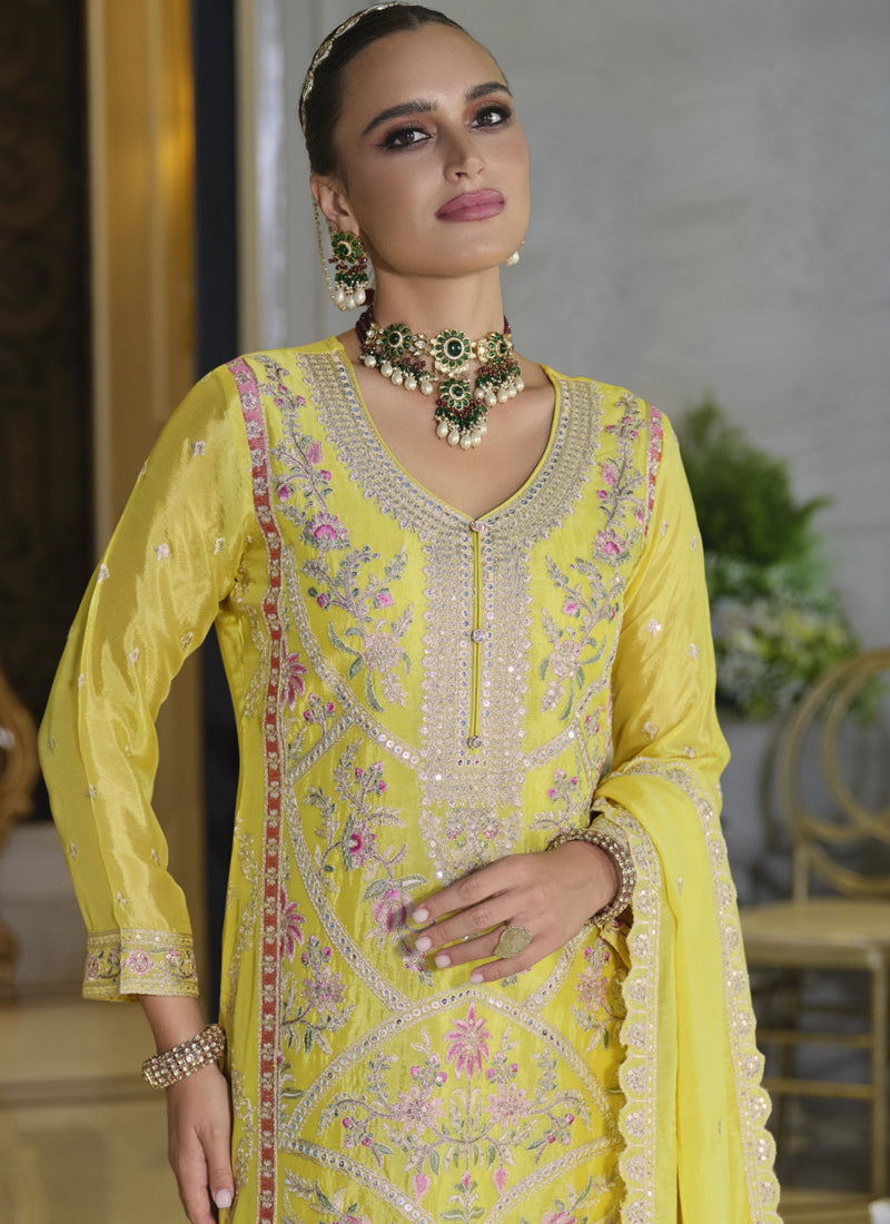 Vegaa Fashion Yellow Chinon Silk Embroidered Designer Palazzo Suit | Grocsy