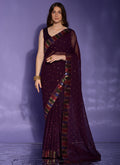 Vegaa Fashion Wine Georgette Sequence Party Wear Saree | Grocsy